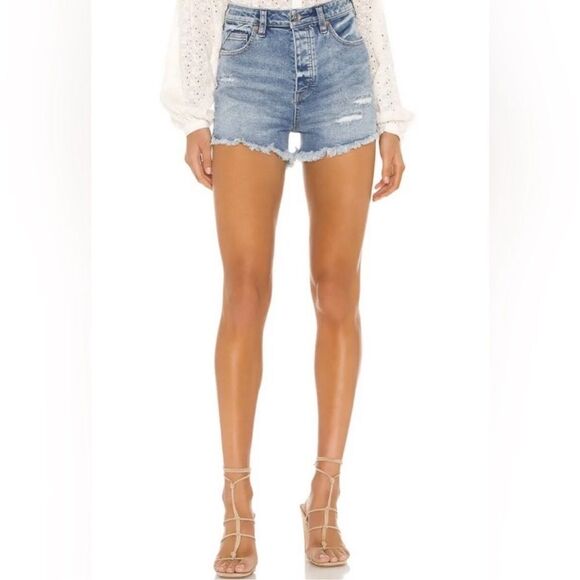 free people 24 crvy High Rise Blue Distressed Raw Fringe Hem Denim Shorts - Picture 1 of 14